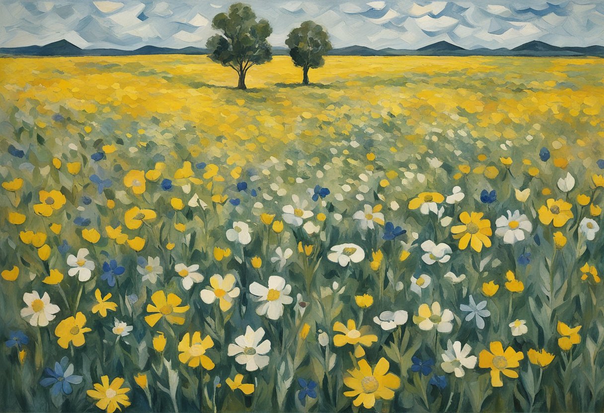 A single tree stands tall in a field of wildflowers, symbolizing resilience and hope amidst the grief of cancer survivorship