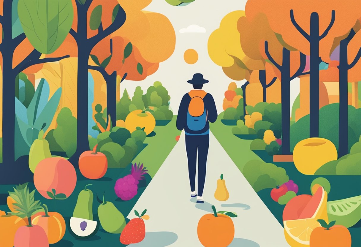 A person walks briskly through a park, surrounded by vibrant fruits and vegetables. A water bottle and exercise band sit nearby