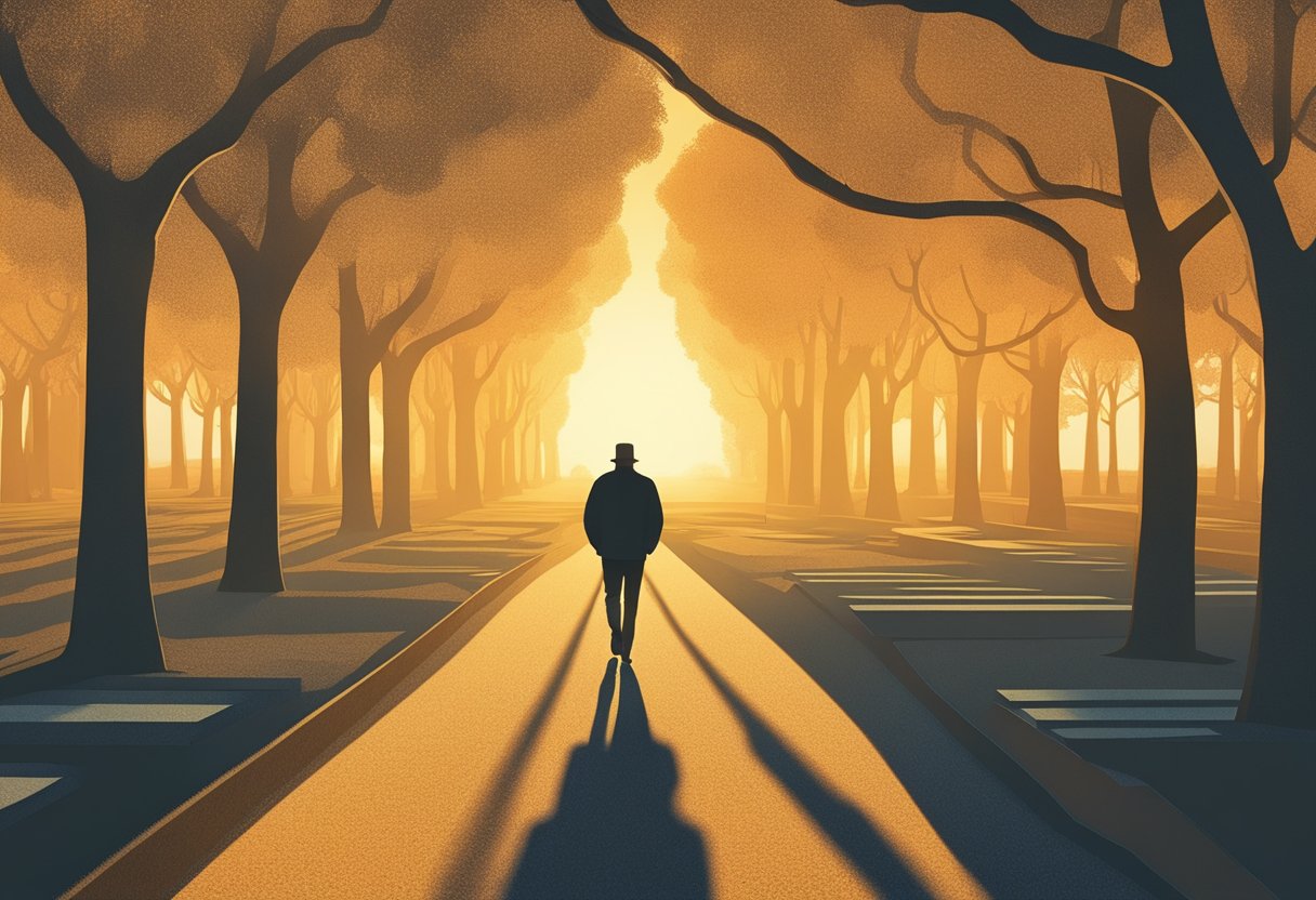 A person walks through a park, following a structured exercise regimen. The sun is setting, casting a warm glow over the scene