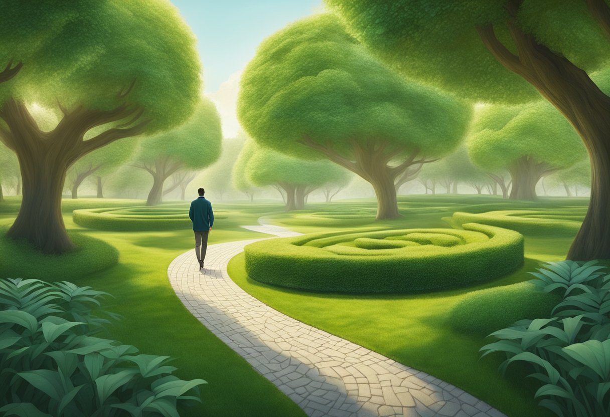 A serene park with winding paths, lush greenery, and a peaceful atmosphere. A person walking with purpose and determination, surrounded by a sense of hope and healing