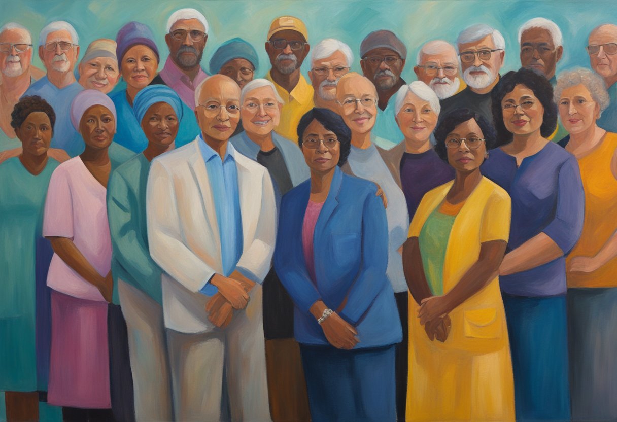 A group of diverse individuals stand together, representing international cancer survivors. They exude strength and resilience, challenging cancer-related stigma