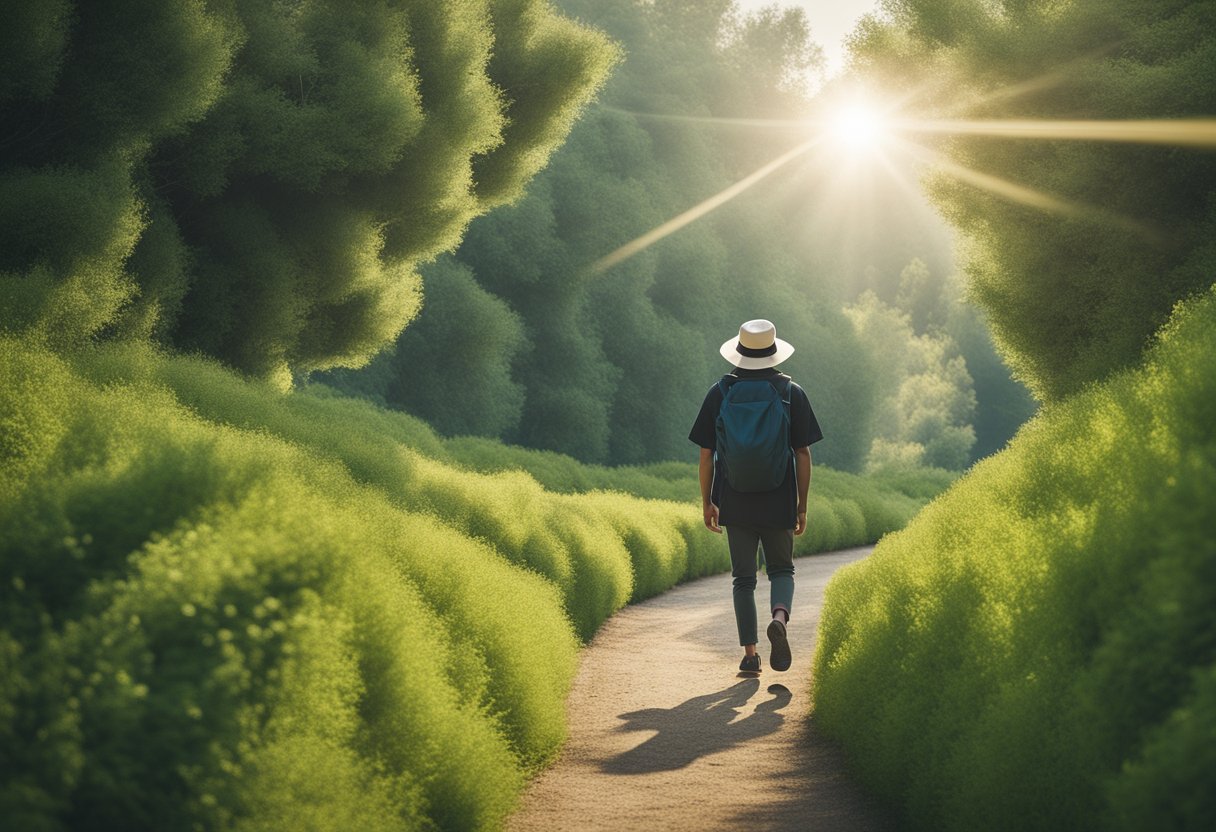 A person walking briskly outdoors, wearing comfortable shoes and a hat for sun protection. They are surrounded by greenery and nature, with a sense of peace and determination in their stride