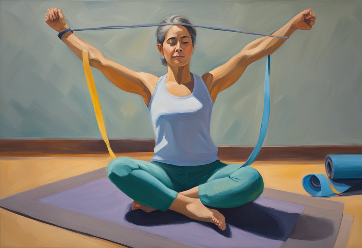 A person is sitting on a yoga mat, reaching their arms overhead, stretching their torso to the side. A resistance band is looped around their foot, aiding in the stretch