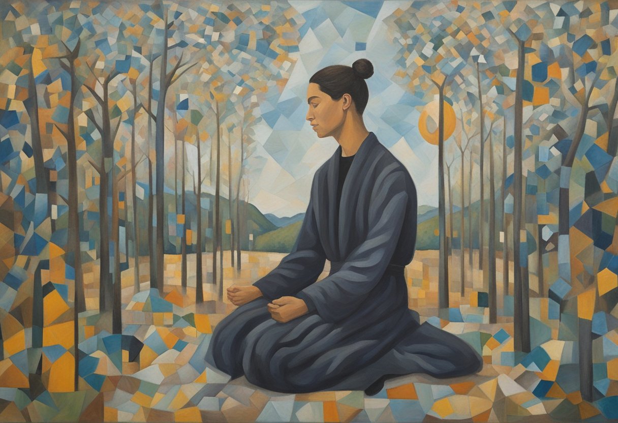 A figure stretching in a peaceful setting, surrounded by symbols of strength and resilience