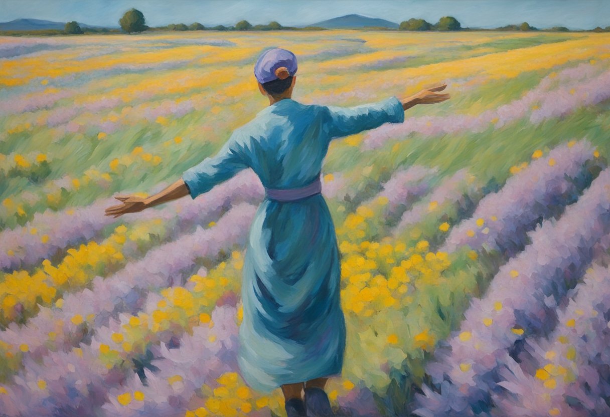 A figure stretches arms and legs, demonstrating range-of-motion exercises. The scene evokes cancer survivorship through the determination and strength of the figure