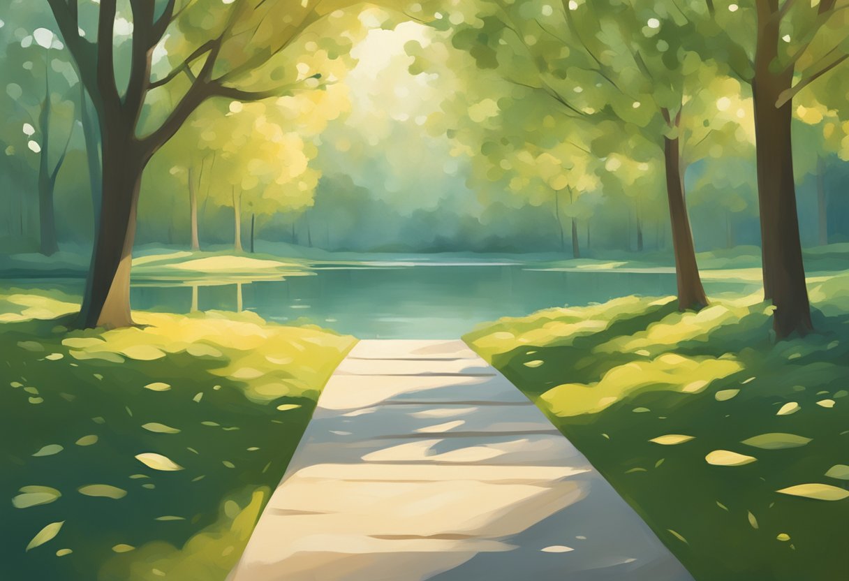 A serene park with a clear path, surrounded by gentle trees and a calm lake, with soft sunlight filtering through the leaves
