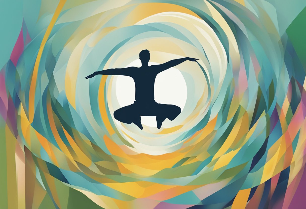 A figure balancing on one foot, arms outstretched for stability. Surrounding environment suggests a focus on physical activity and wellness