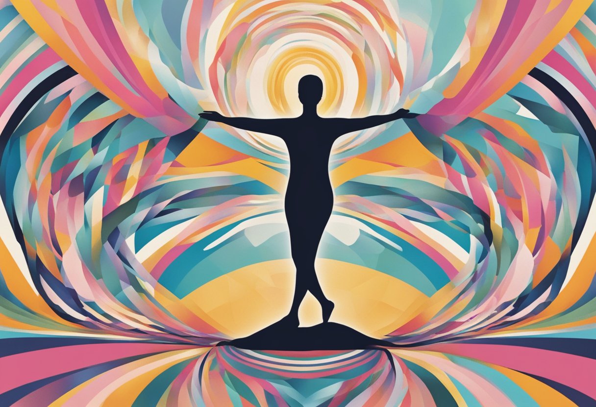 A person balancing on one foot, with arms outstretched. A ribbon symbolizing cancer survivorship in the background