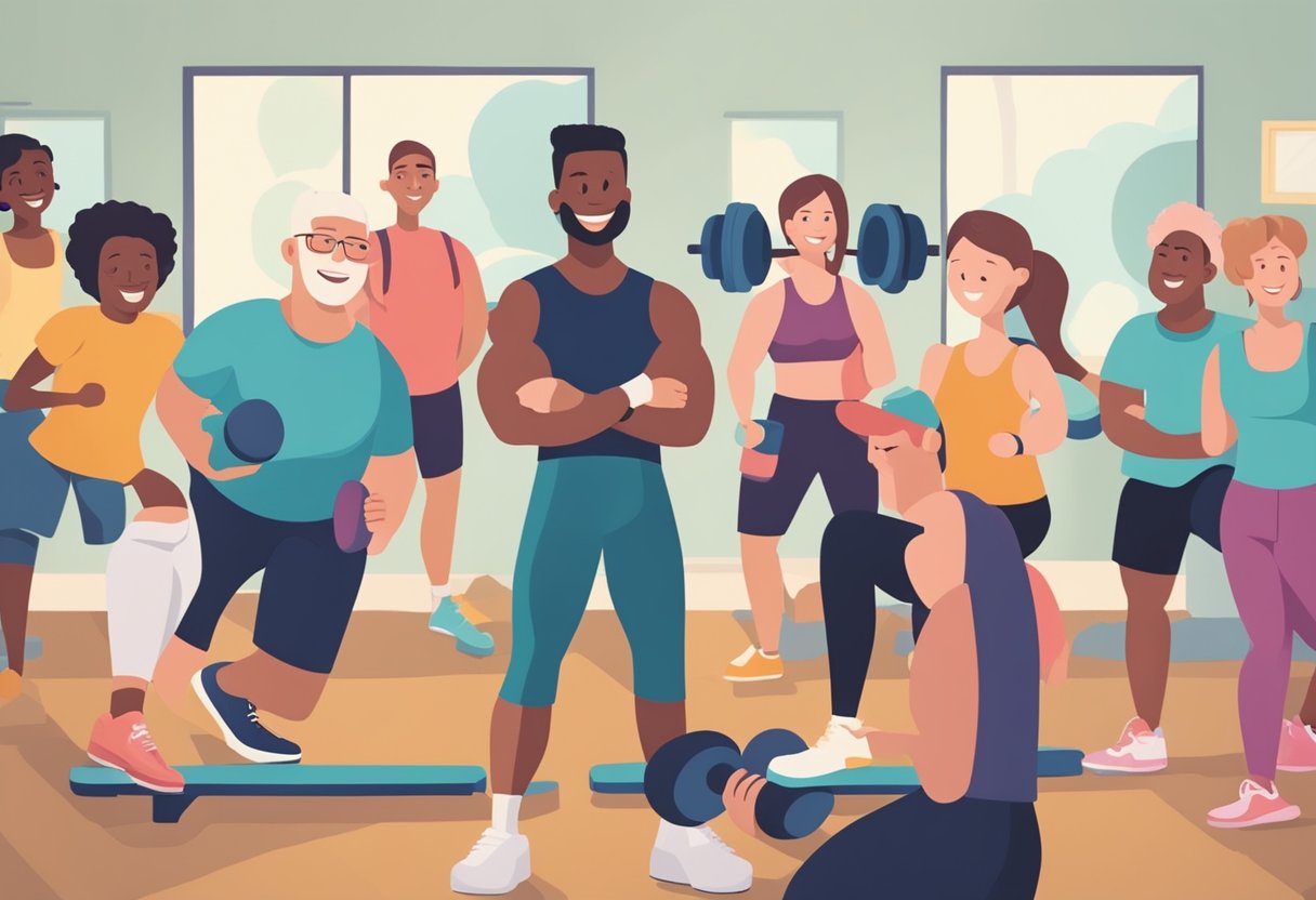 A cancer survivor lifts weights, surrounded by supportive friends and family, smiling and feeling empowered