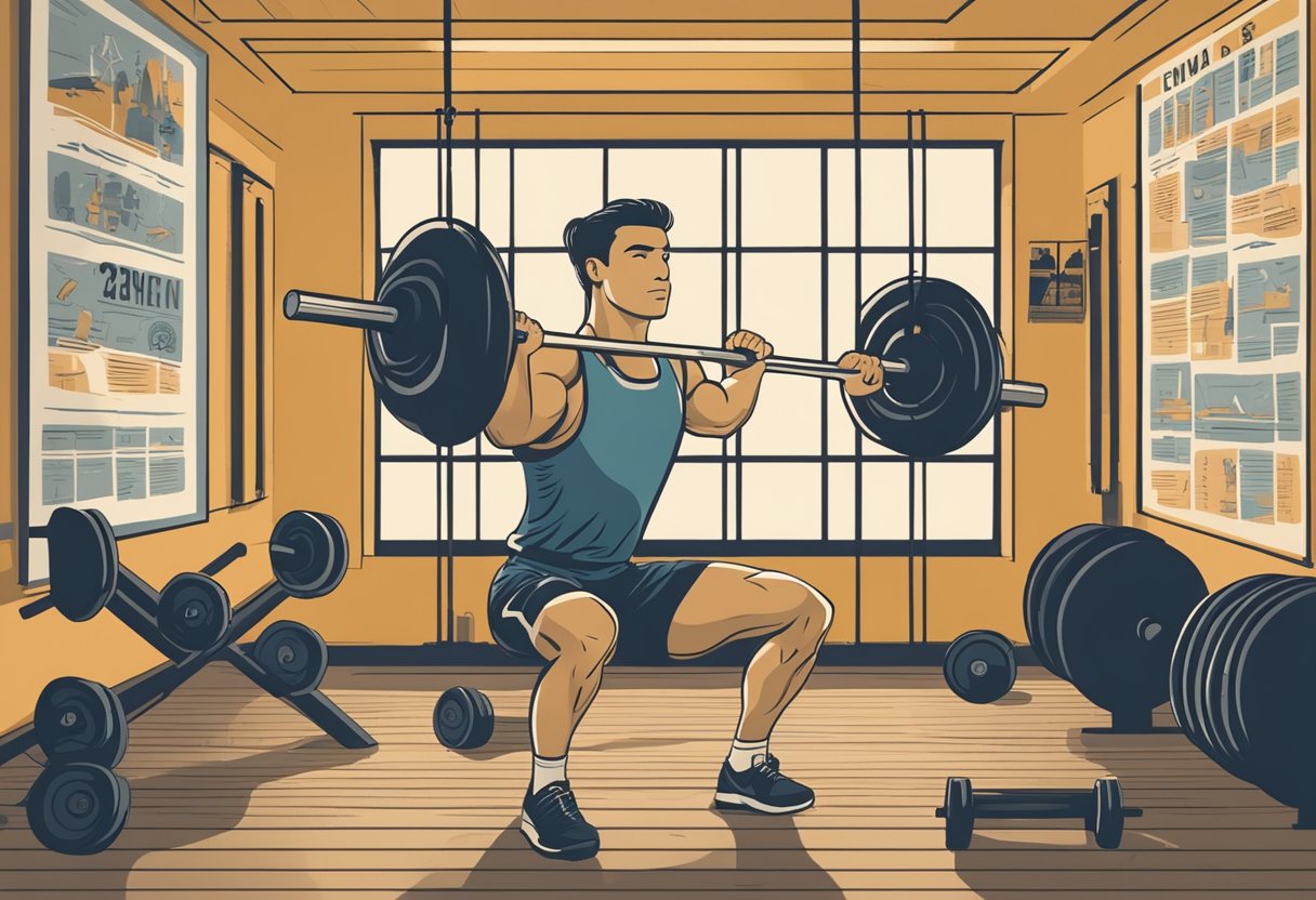 A person lifting weights in a gym, surrounded by exercise equipment and motivational posters