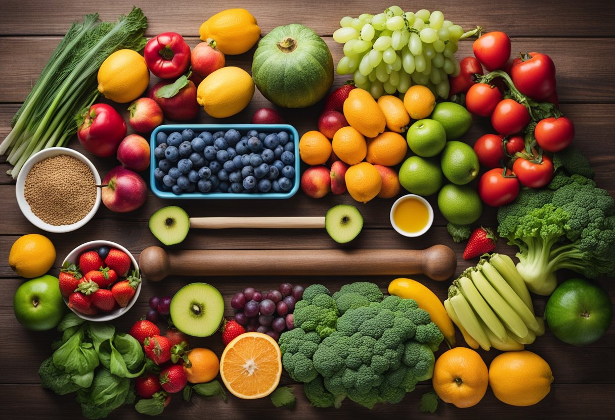 A weightlifting bar loaded with plates, surrounded by colorful fruits and vegetables, symbolizing the synergy between nutrition and strength training for cancer survivorship