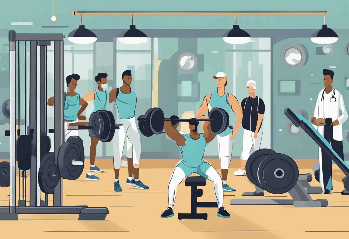 A person lifting weights in a gym, surrounded by medical professionals and exercise equipment