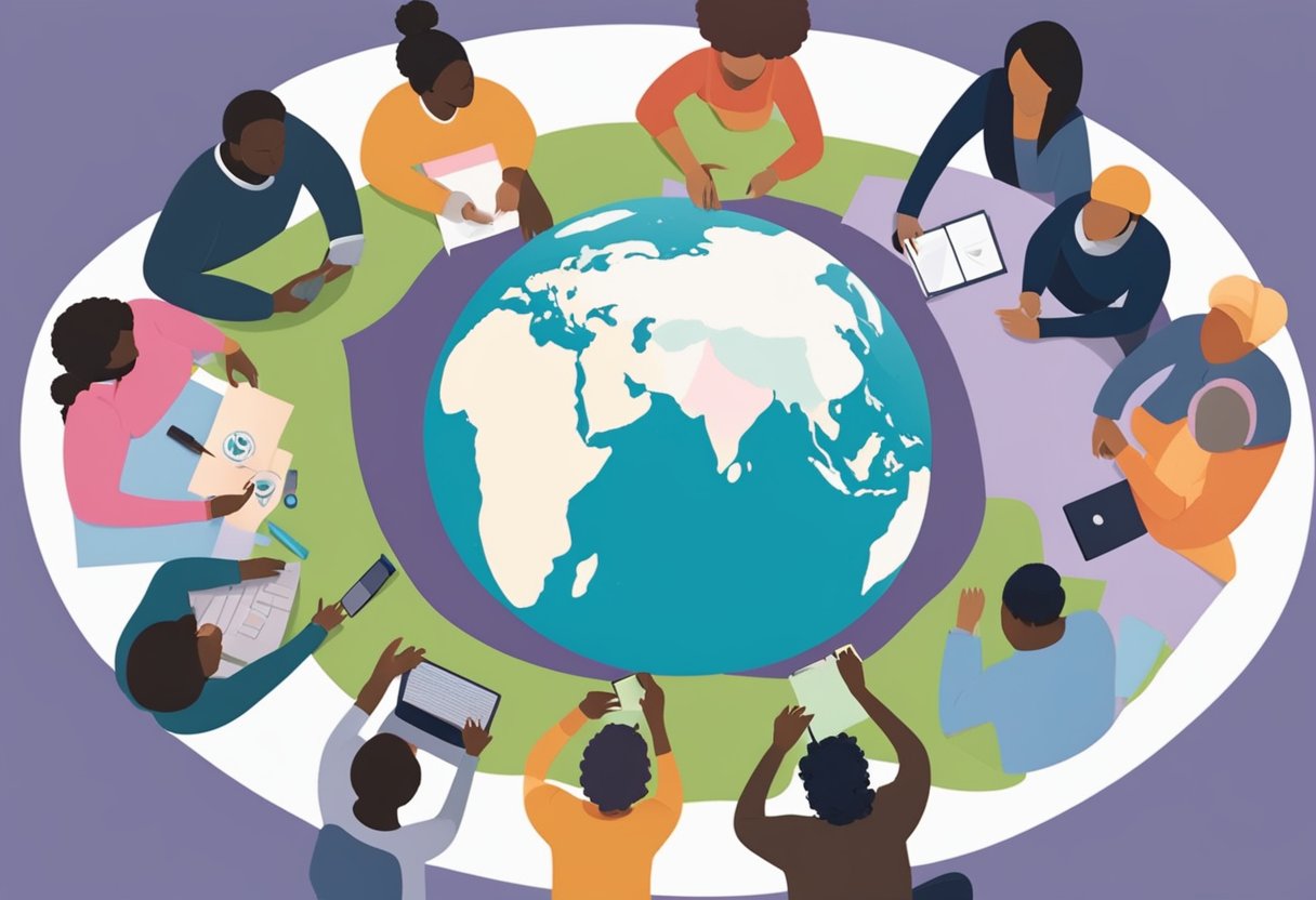 A group of diverse individuals work together on a global cancer awareness campaign, brainstorming and creating policies to spread awareness