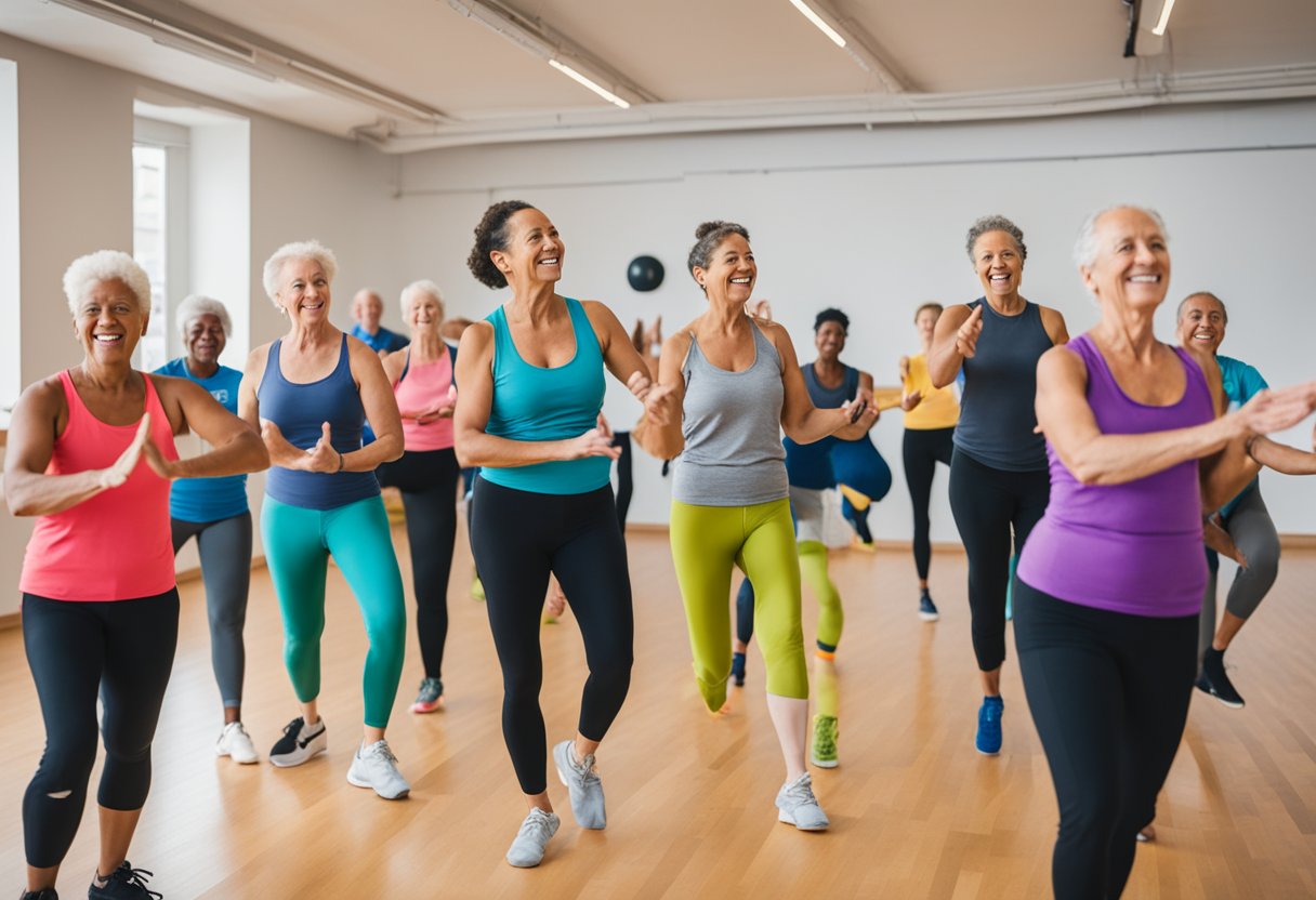 Low-impact aerobics class with cancer thrivers. Smiling participants in a bright, spacious studio. Encouraging instructor leads the group