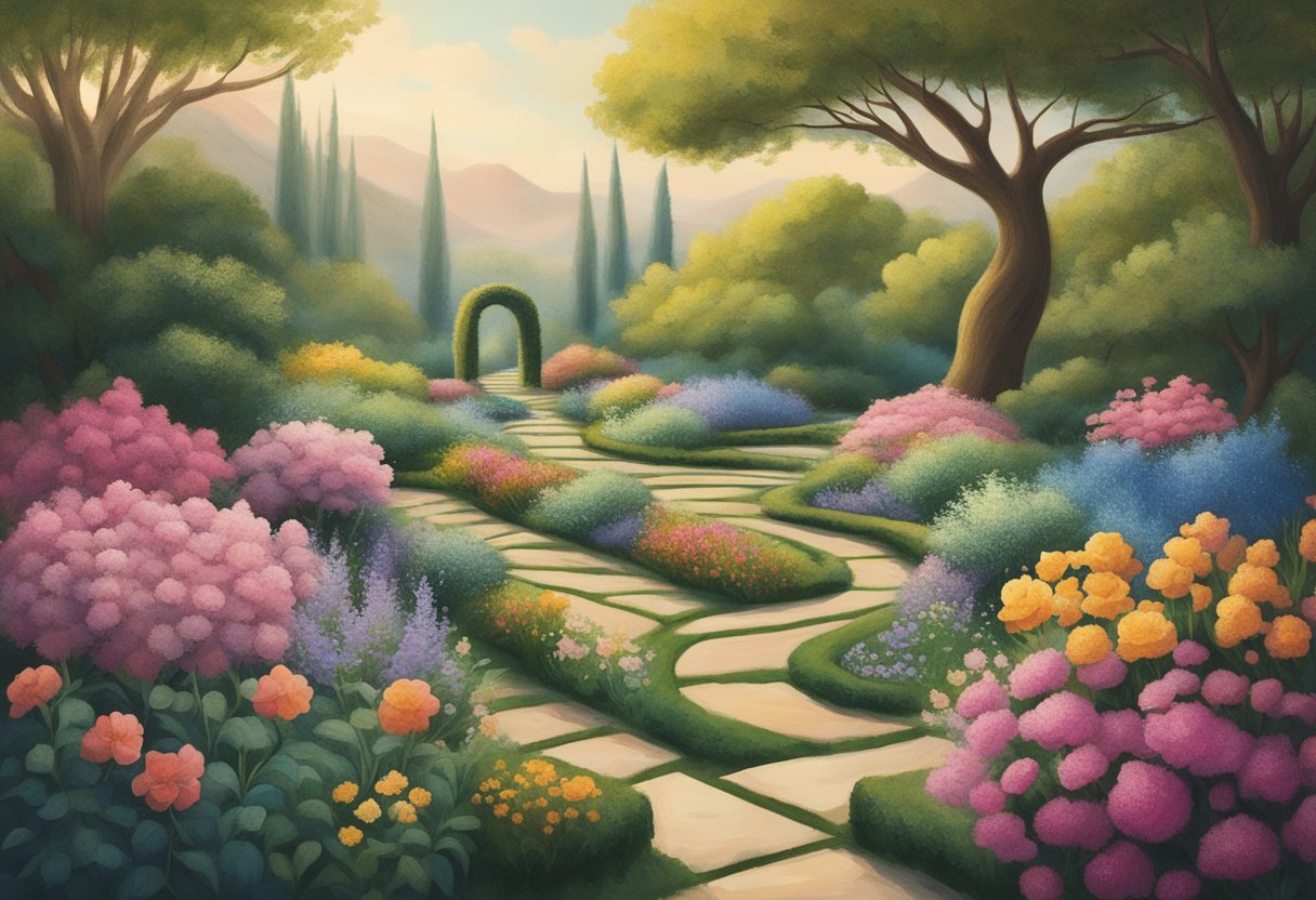 A serene garden with blooming flowers and a winding path, symbolizing restorative movement and cancer survivorship