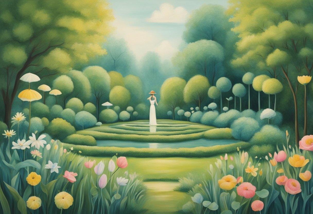 A serene garden with gentle, flowing movements. A cancer survivor finds peace and strength through restorative exercises