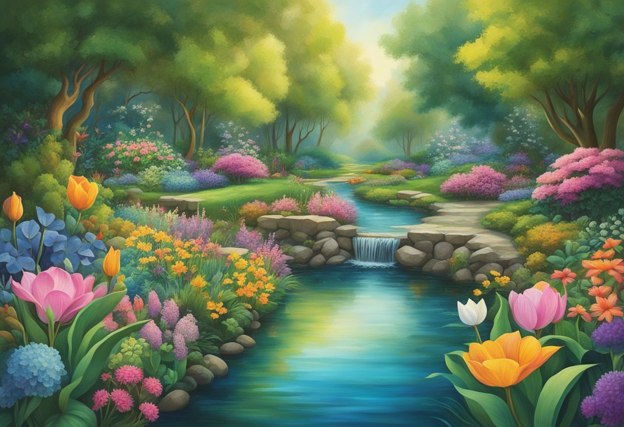 A serene garden with gentle flowing streams and vibrant flowers, surrounded by lush greenery and peaceful wildlife