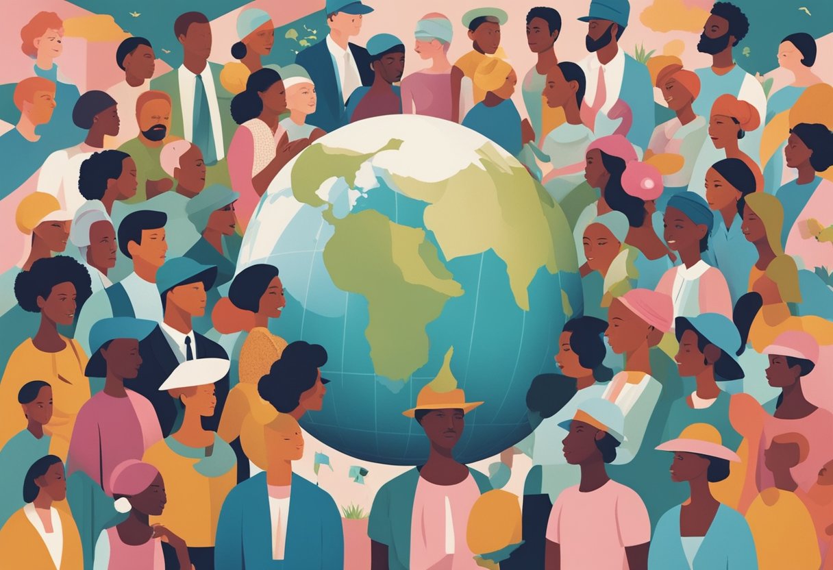 A group of diverse people gather around a globe, symbolizing global cancer awareness campaigns. They are surrounded by images of hope and progress, representing future directions in sustainable impact