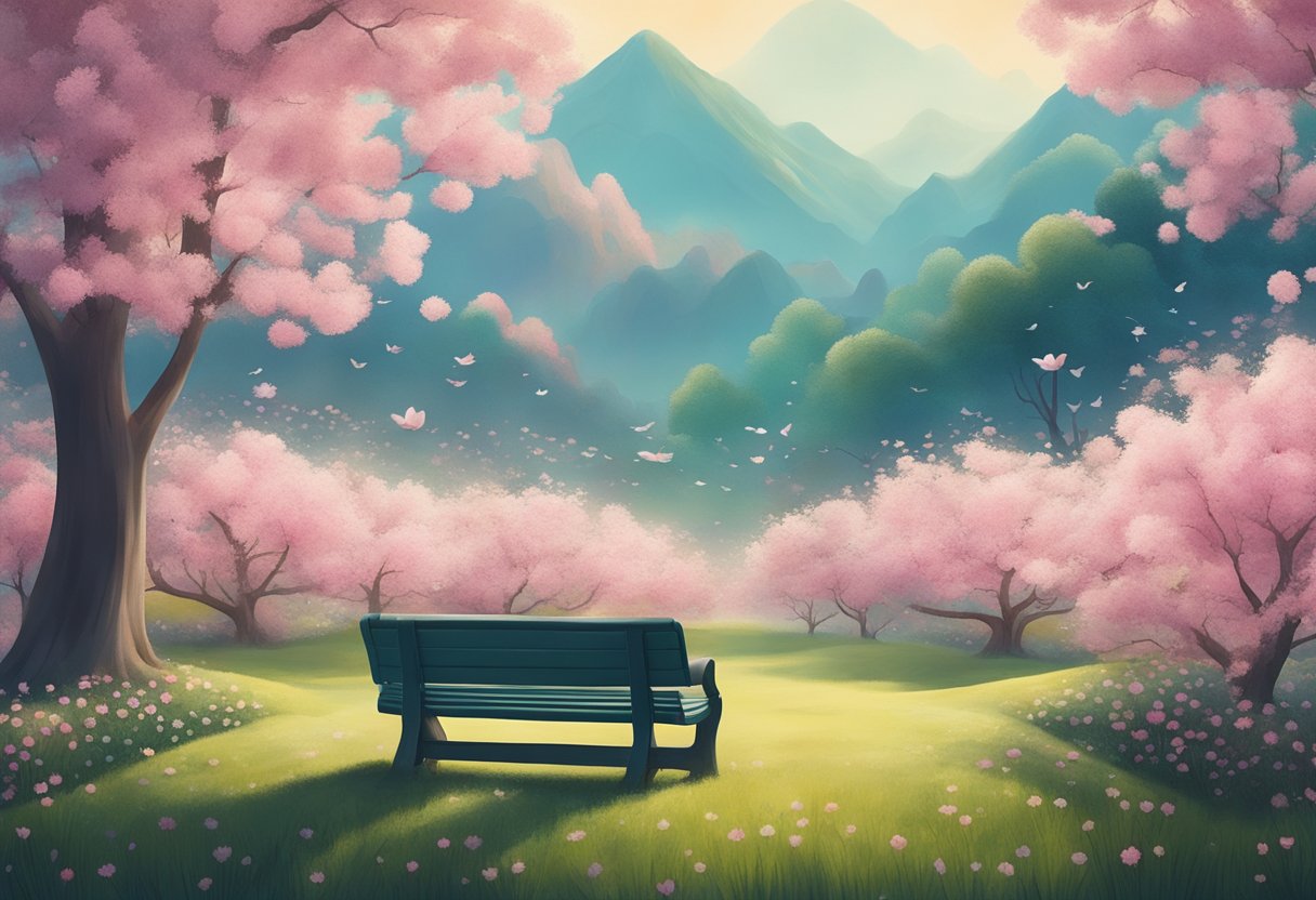 A serene park with blooming flowers, a gentle breeze, and a peaceful atmosphere, symbolizing the restorative movement and cancer survivorship, capturing the essence of improving quality of life