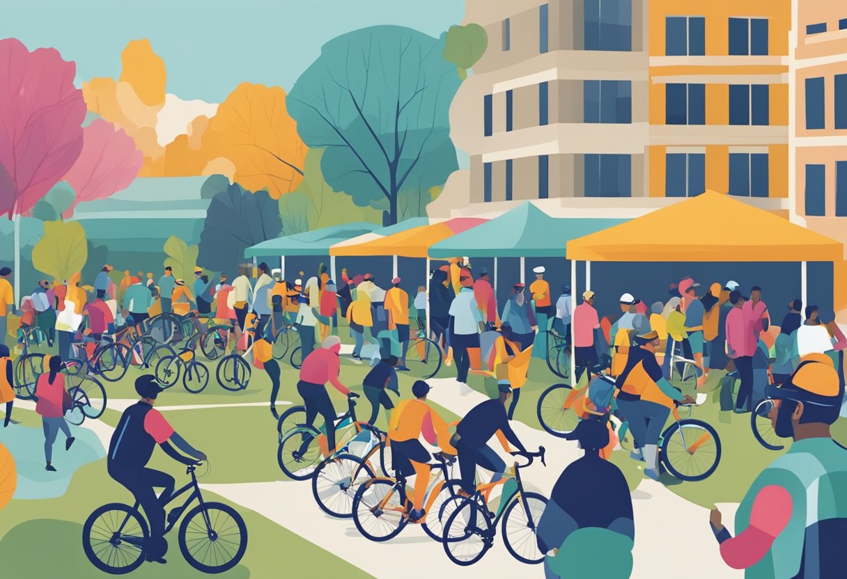 Cyclists gather at a cancer survivorship event, accessing resources and services. Banners and tables line the area, while riders chat and prepare for a group ride