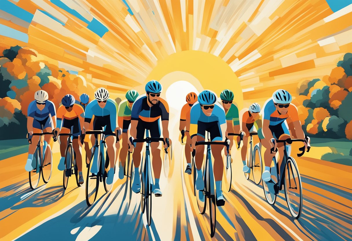 A group of cyclists in matching jerseys ride together, symbolizing unity and strength in cancer survivorship. The sun shines brightly, casting a warm and hopeful glow over the scene