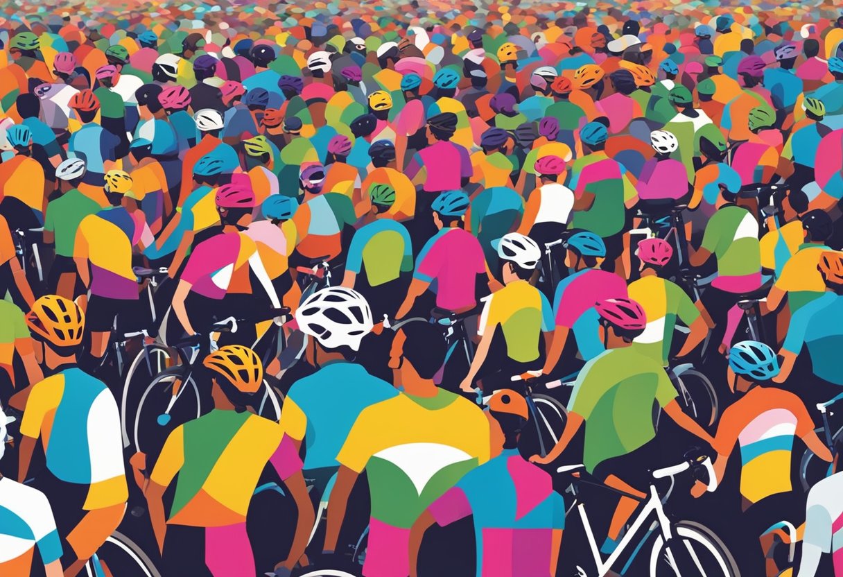 Cyclists gather at a charity ride, adorned in colorful jerseys. Banners and signs promote cancer survivorship. The scene is filled with energy and determination