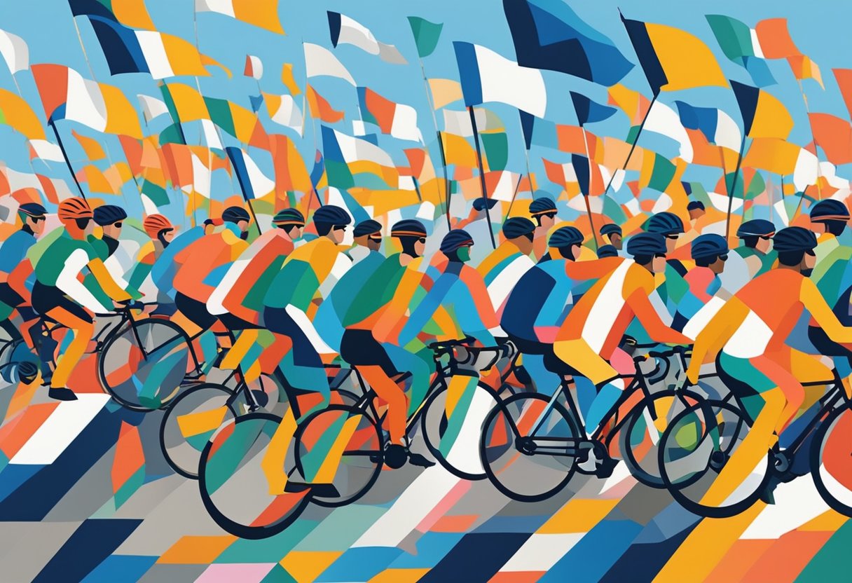 Cyclists gather, sharing stories of survival and support. Flags fly, symbolizing unity in the fight against cancer