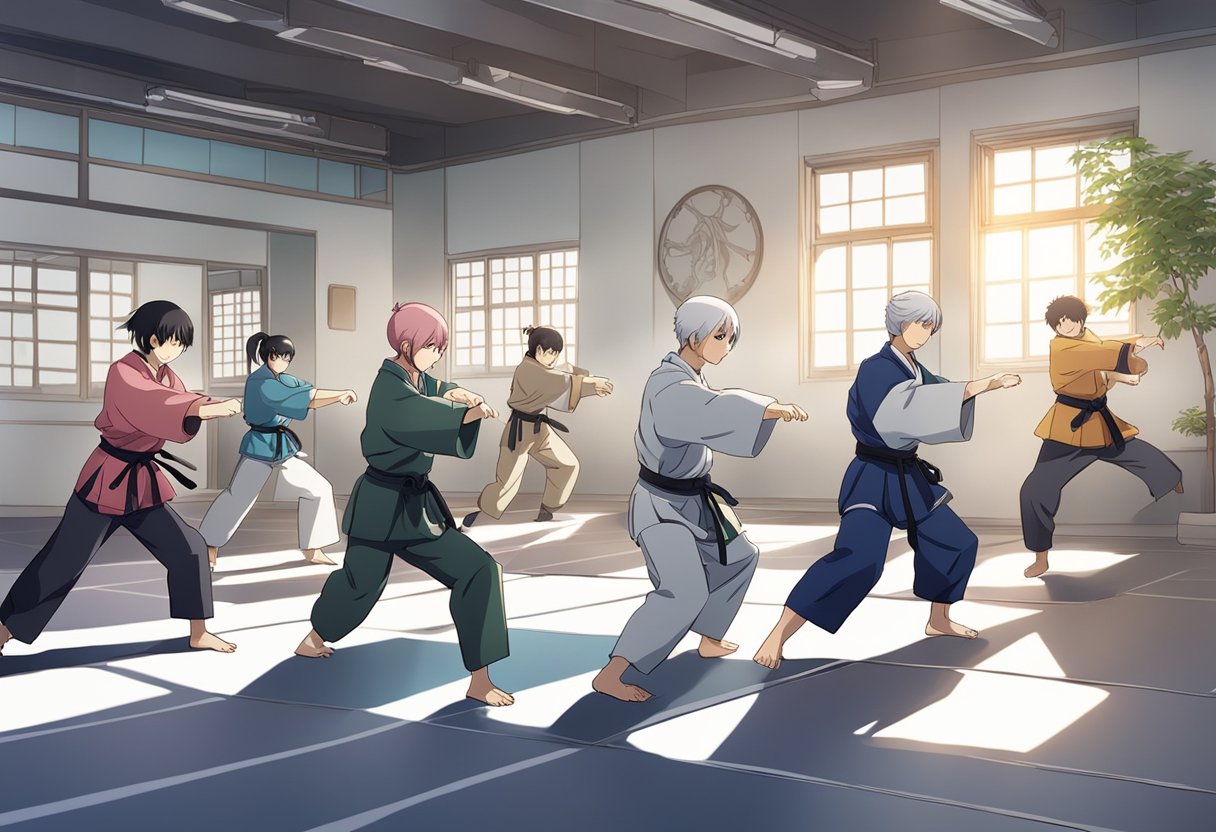 In a spacious studio, a group practices therapeutic martial arts, symbolizing strength and resilience in cancer survivorship