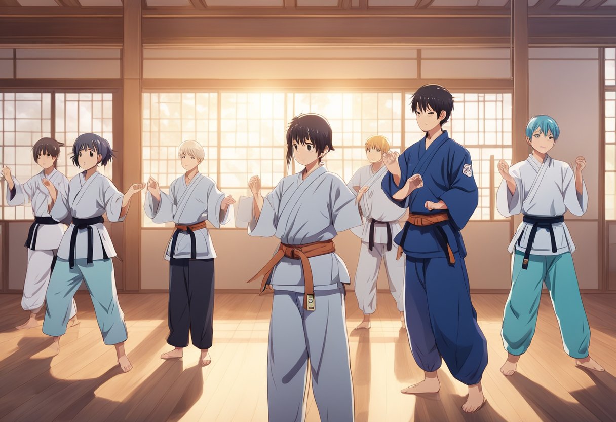 A group of people in martial arts uniforms practicing therapeutic movements in a serene studio, surrounded by supportive cancer survivorship imagery