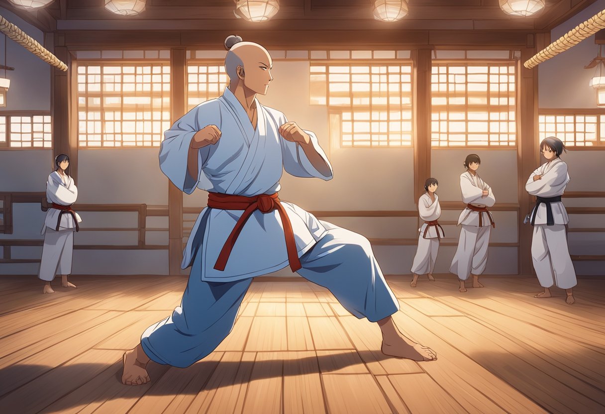 A serene dojo with soft lighting, a cancer survivor gracefully practicing martial arts, exuding strength and resilience