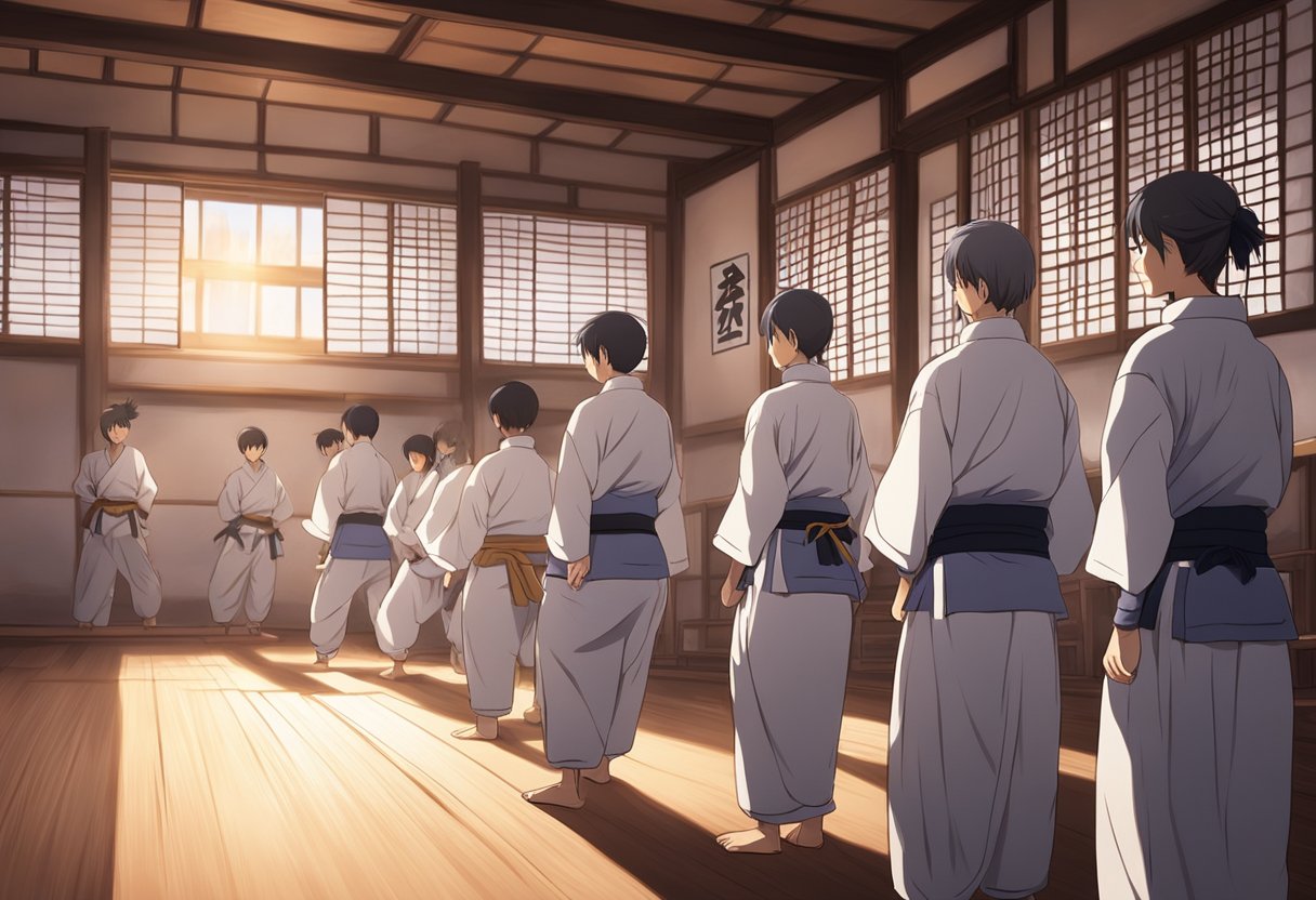 A serene dojo with soft lighting, cancer survivors practicing martial arts forms with focus and determination