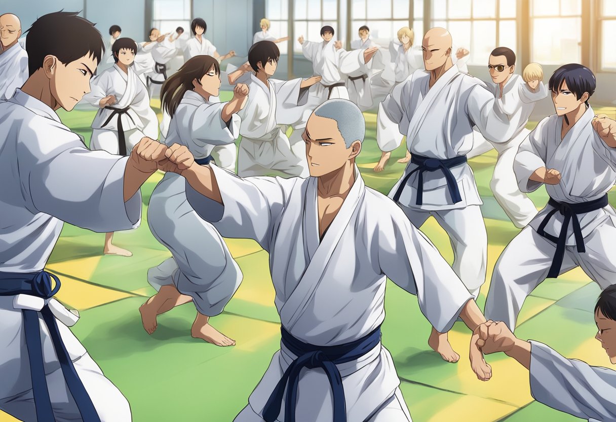 A group of individuals engage in therapeutic martial arts exercises, focusing on strength and resilience in cancer survivorship