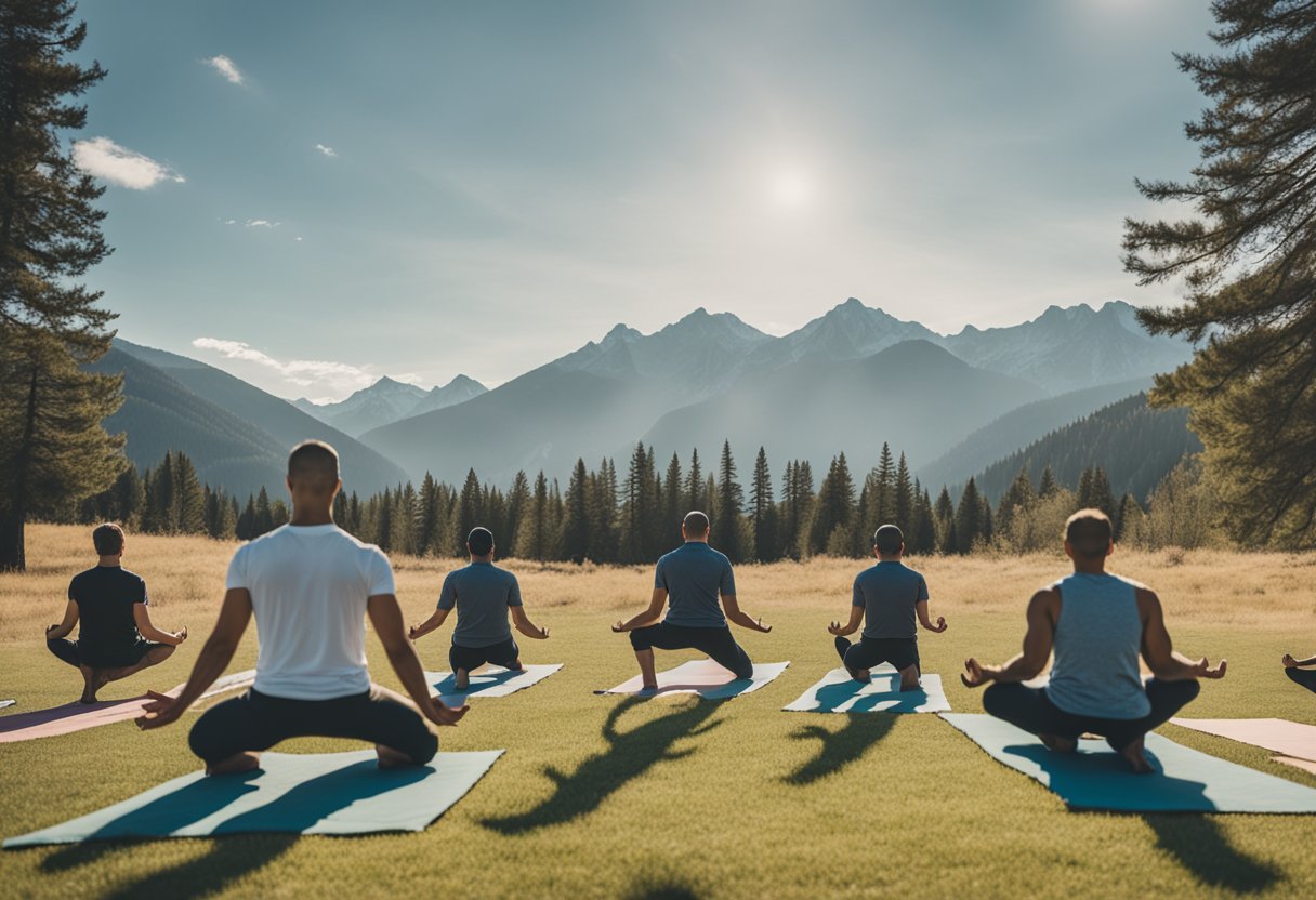 A group of men practicing yoga in a natural outdoor setting, surrounded by mountains and trees, symbolizing strength and resilience in cancer survivorship
