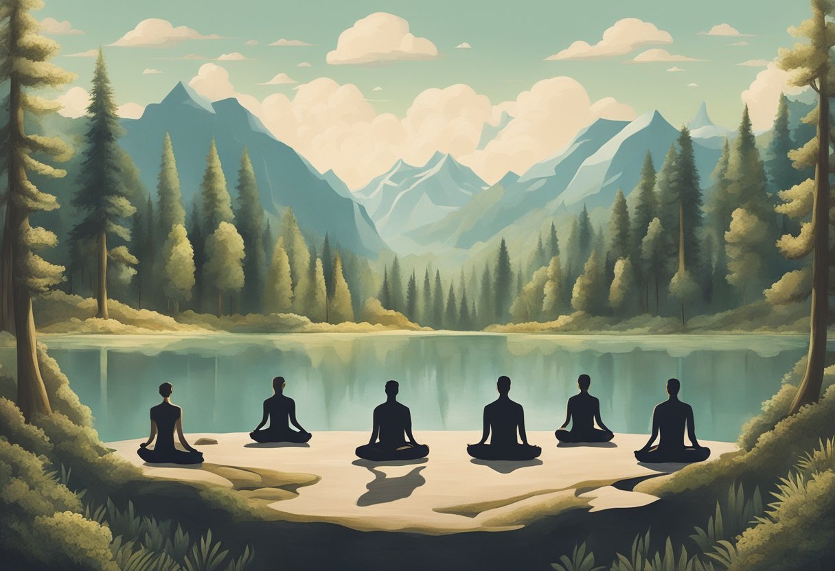 A group of men practicing yoga in a natural setting, surrounded by mountains and trees. A sense of peace and strength exudes from the scene, symbolizing resilience and healing