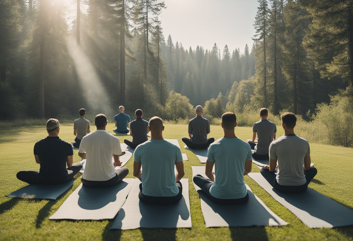 Men practice yoga outdoors at a retreat, surrounded by nature. Healthy, personalized meals are provided for cancer survivors