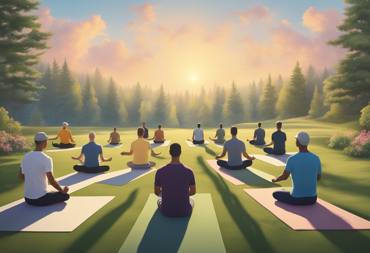 A group of men practice yoga outdoors at a retreat center, surrounded by nature and comfortable amenities. The setting is serene and peaceful, providing a supportive environment for cancer survivors
