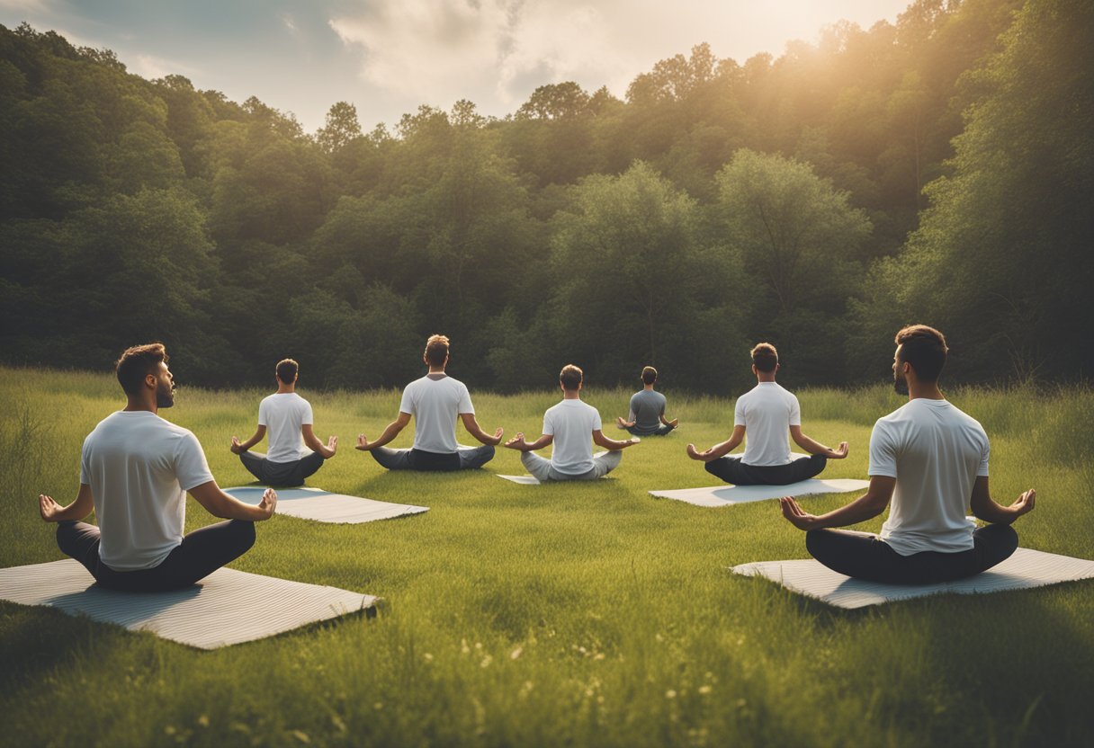 A group of men practicing yoga in a serene outdoor setting, surrounded by nature. The atmosphere is peaceful and rejuvenating, creating a sense of healing and connection