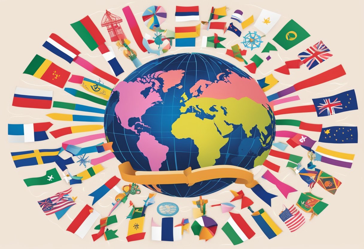 A globe surrounded by cancer awareness ribbons and symbols from different countries