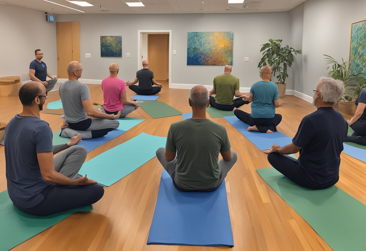 Men's mindful movement workshop: group of cancer survivors engaging in yoga and meditation, promoting mental health interventions