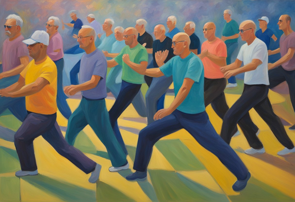 A group of men engage in mindful movement exercises, reflecting on their experiences with cancer survivorship