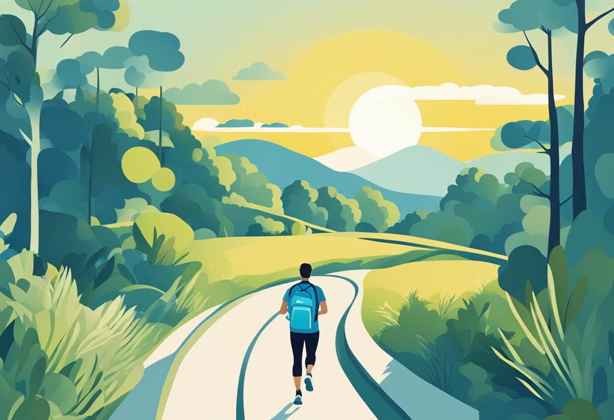 A person walking on a path surrounded by nature, with a clear blue sky and sunshine. A fitness tracker on their wrist shows steps taken