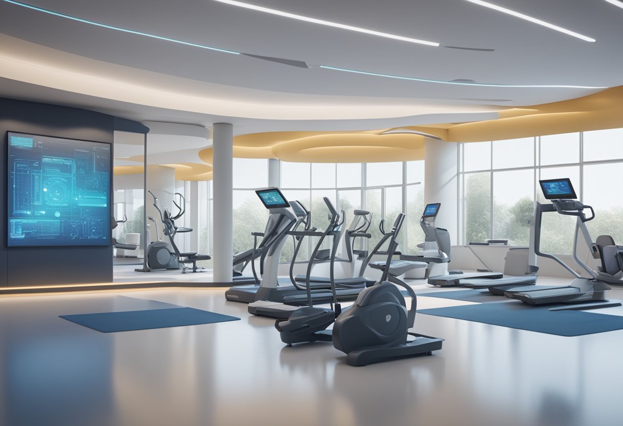 A futuristic cancer care center with exercise equipment and guidelines displayed on a digital screen