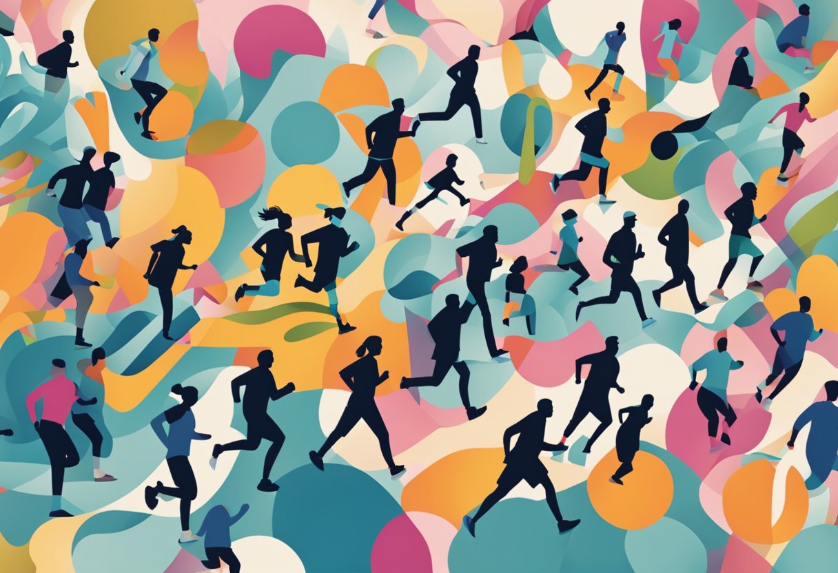 A group of people engaging in various physical activities such as walking, running, cycling, and swimming, with a focus on cancer survivors