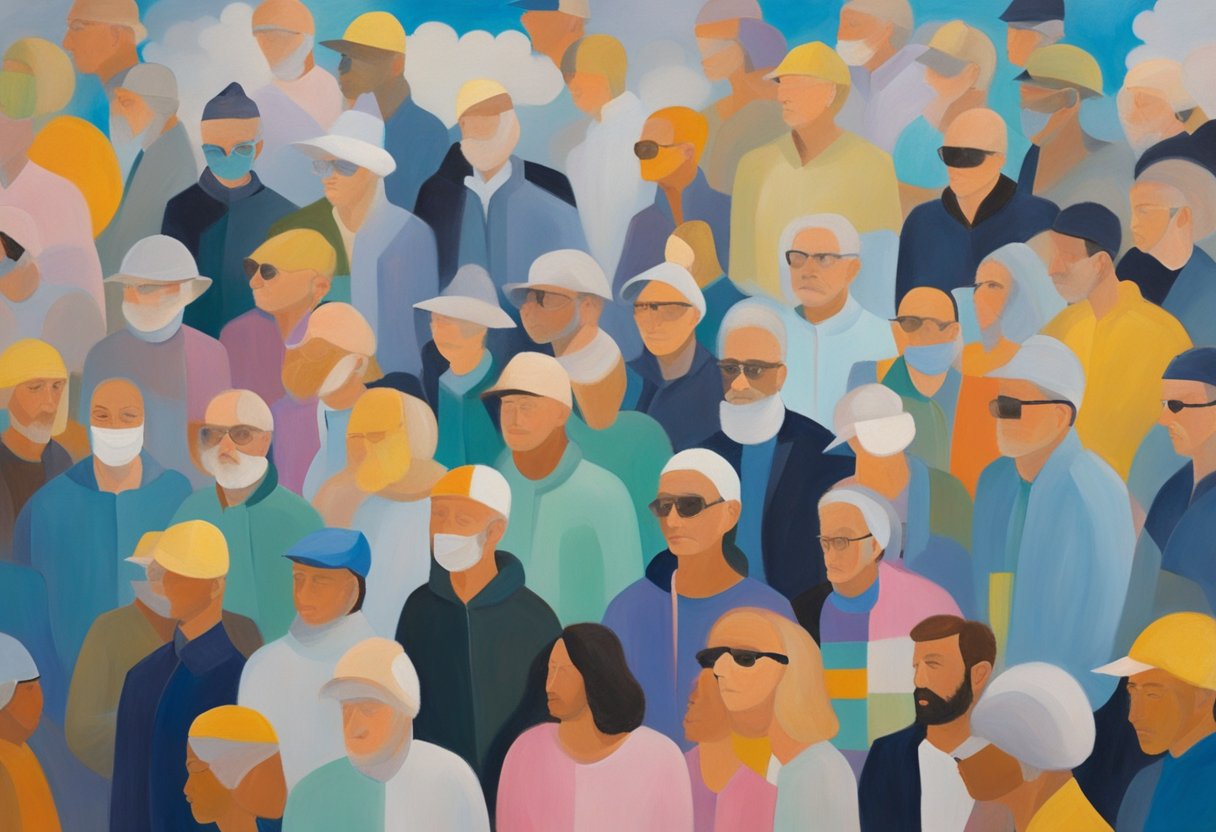 A group of cancer survivors standing together, surrounded by a cloud of negative labels and judgmental glances from others