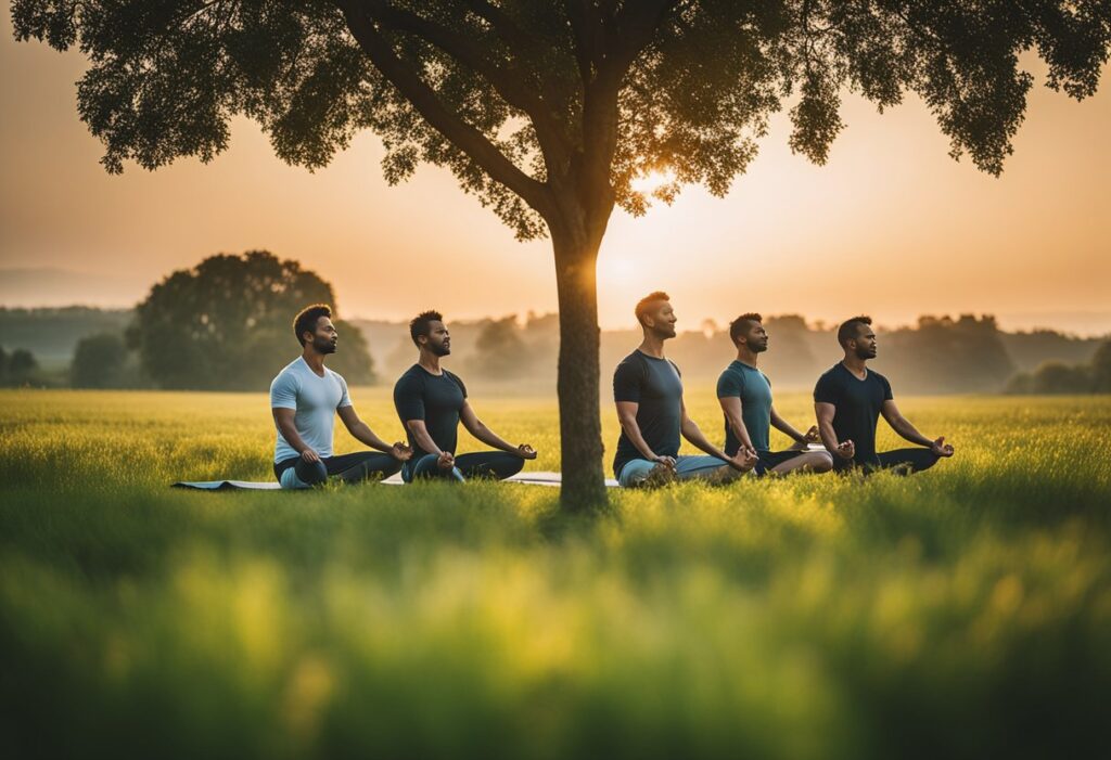 Men practicing yoga in a field at sunset