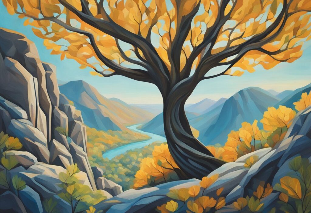 A vibrant tree grows from a rocky terrain, symbolizing resilience and growth. A ribbon weaves through the branches, representing the journey of a cancer thriver