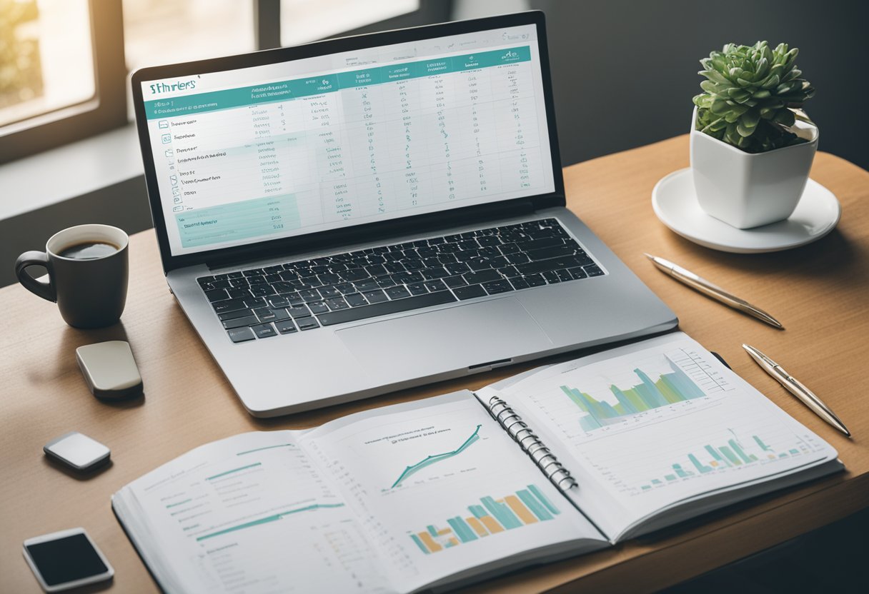 A desk with financial planning tools, a laptop, and a cancer thriver's guidebook. A graph showing progress and a checklist for financial wellness