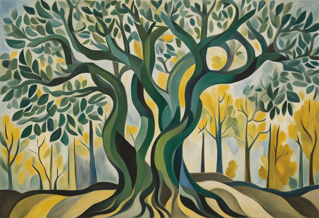 A group of interconnected trees stand strong and resilient, their roots intertwined, symbolizing the support and unity needed to navigate life transitions and cancer survivorship