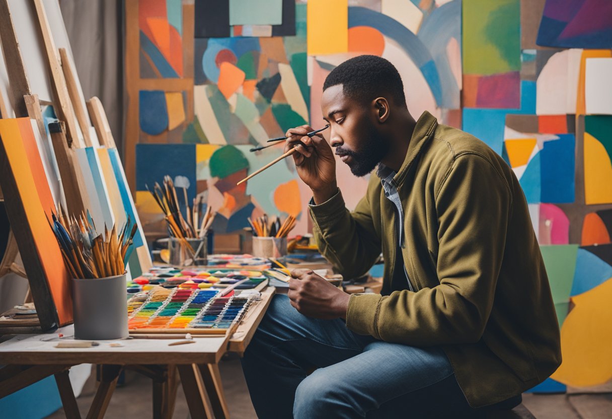 A man sits at a canvas, surrounded by art supplies. His expression is focused as he paints, channeling his emotions into vibrant colors and bold strokes