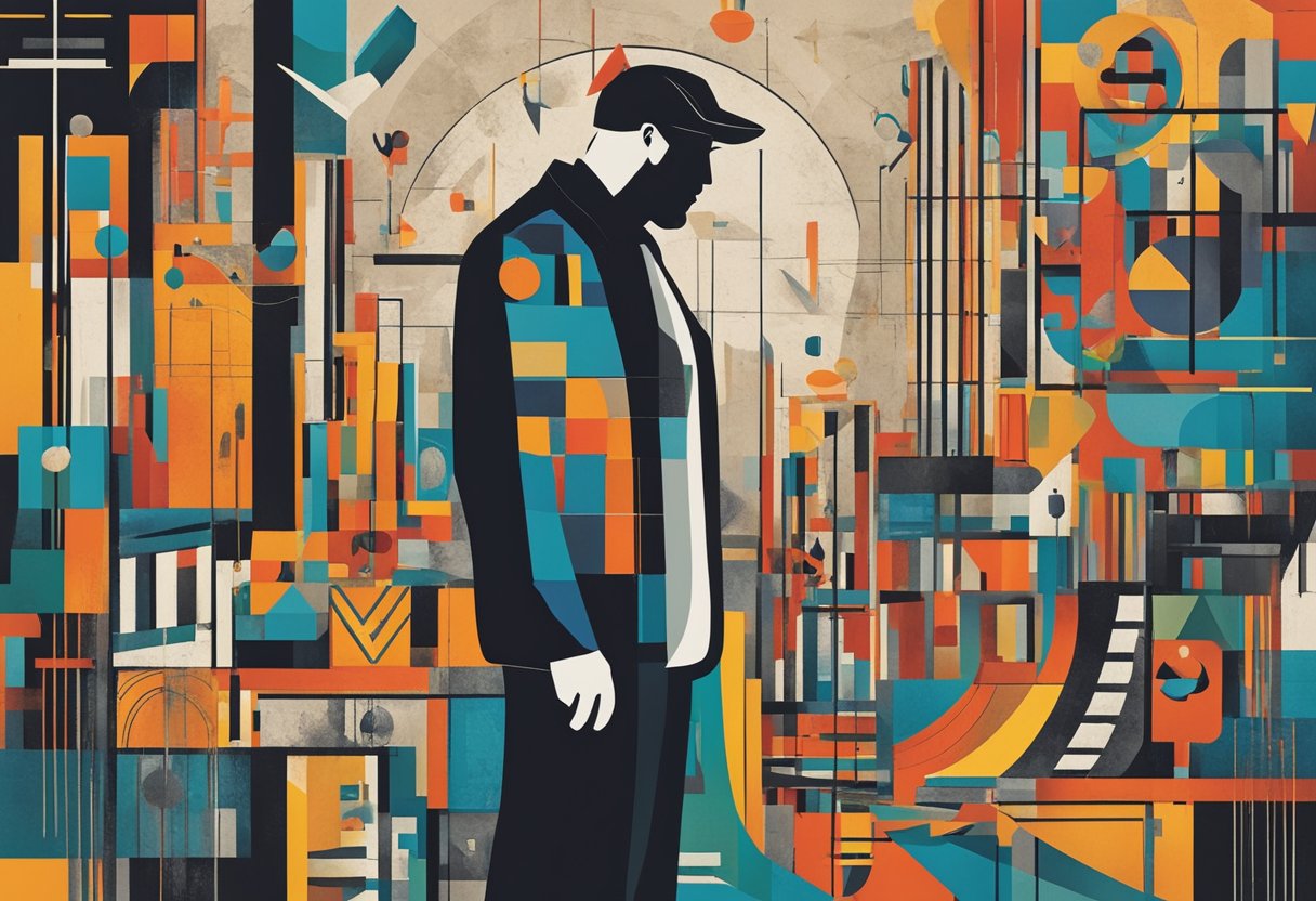 A man standing alone, surrounded by vibrant colors and symbols of strength and resilience, with a look of determination and hope on his face